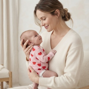 Body bebe cu maneca lunga, dungi rosii si inimioare, fotografie cu mama si bebelus