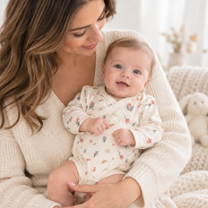 Body bebe crem cu flori si fluturasi, maneca lunga, manusi integrate