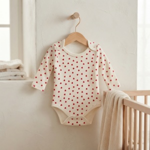 Body bebe crem din bumbac cu inimioare rosii, maneca lunga si capse