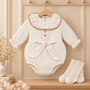 Body bebe fetita din muselina crem cu volane, funda si sosete asortate - Img 2
