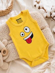 Body bebe galben bumbac fara maneci imprimeu emoji haios