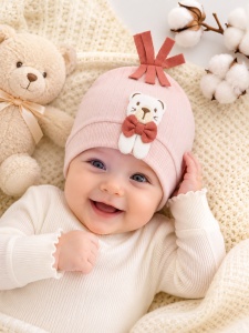 Caciulita bebe fetita 0-3 luni, 100% bumbac, roz cu ursulet aplicat