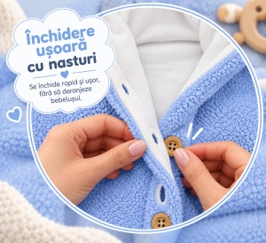 Combinezon bebe din blanita bleu captusit cu bumbac, gluga cu urechi - Img 3