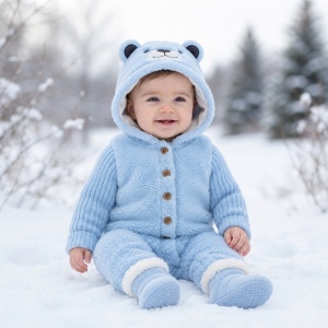 Combinezon bebe din lana de oaie bleu captusit cu bumbac, model ursulet
