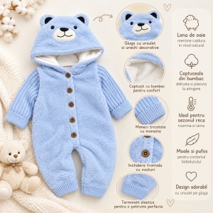 Combinezon bebe din lana de oaie bleu captusit cu bumbac, model ursulet - Img 2