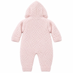 Combinezon bebe din lana naturala roz cu gluga, imblanit complet, model tricotat - Img 3