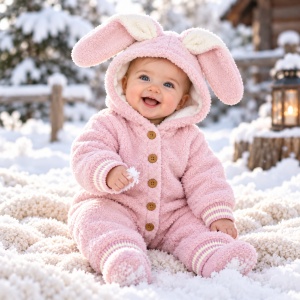 Combinezon bebe roz captusit cu bumbac, gluga cu urechi de iepuras, sezon rece