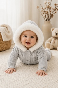 Combinezon bebe unisex gri deschis tricotat, imblanit integral, cu gluga si blanita premium - Img 3