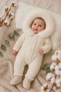 Combinezon bebe unisex ivoire tricotat, imblanit integral, cu gluga si blanita premium