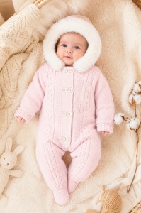 Combinezon tricotat imblanit bebe fetita roz cu gluga imblanita, salopeta de iarna premium
