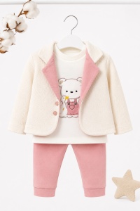 Compleu 3 piese bebe fetite roz cu sacou teddy, bluza cu ursulet si pantaloni - Img 3