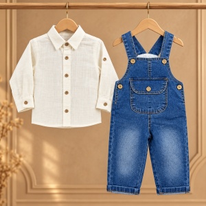 Compleu bebe baiat 2 piese, salopeta denim albastra cu bretele si camasa crem - Img 2