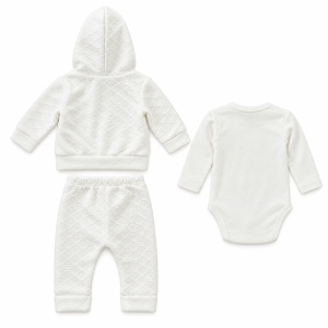 Compleu bebe baiat 3 piese, bumbac, body cu iepuras, pantaloni si jacheta cu gluga, alb - Img 5