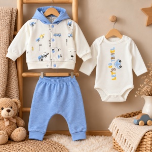 Compleu bebe baiat 3 piese bumbac cu body jacheta cu gluga si pantaloni bleu - Img 2