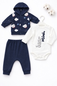 Compleu bebe baiat 3 piese din bumbac cu hanorac body si pantaloni bleumarin, fotografie de produs pe fundal alb