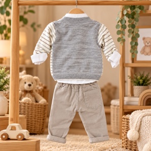 Compleu bebe baiat 4 piese, camasa, cardigan tricotat, pantaloni si papion, gri - Img 3