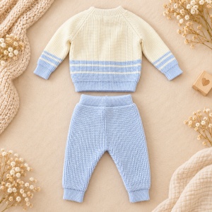 Compleu bebe baiat 4 piese, pulover si pantaloni din lana naturala, body si caciulita, bleu ivory - Img 4