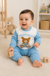 Compleu bebe baiat albastru happy bear 2 piese, bluza si pantaloni, bumbac moale