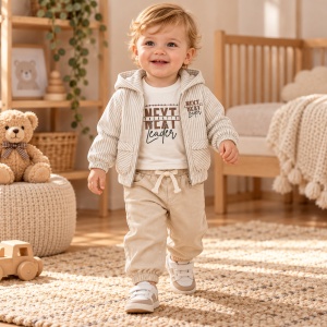 Compleu bebe baiat din bumbac cu geaca subtire, bluza si pantaloni, 3 piese