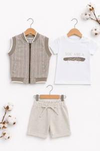 Compleu bebe baieti 3 piese elegant cu vesta crem si pantaloni scurti - Img 2