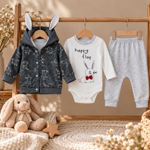 Compleu bebe cu urechi de iepuras 3 piese din bumbac 100% gri alb - Img 2