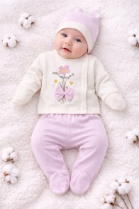 Compleu bebe fete 3 piese roz cu floricele si caciulita