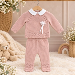 Compleu bebe fetita 2 piese din bumbac tricotat, bluza cu guler si pantaloni, roz - Img 2