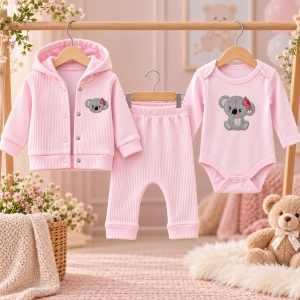 Compleu bebe fetita 3 piese, bumbac, body cu koala, jacheta cu gluga si pantaloni, roz - Img 2