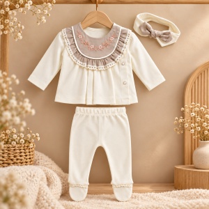 Compleu bebe fetita 3 piese ivoire cu bluza brodata pantaloni cu botosei si bentita - Img 2