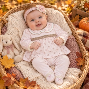 Compleu bebe fetita 3 piese roz cu bluza cu guler pantaloni cu botosei si bentita