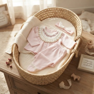 Compleu bebe fetita roz cu broderie, pantaloni si bentita, prezentare in decor