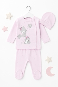 Compleu bebe fetita roz cu caciulita si imprimeu veverite din bumbac - Img 2
