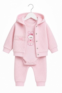 Compleu bebe fetite 3 piese roz cu hanorac body iepuras si pantaloni din bumbac, fotografie de produs pe fundal alb