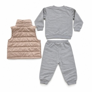 Compleu fetita 3 piese bumbac cu vesta matlasata bluza princess si pantaloni gri, fotografie de produs pe fundal alb