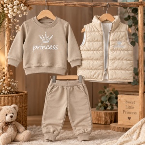 Compleu fetita 3 piese bumbac cu vesta matlasata bluza princess si pantaloni bej, prezentare in decor