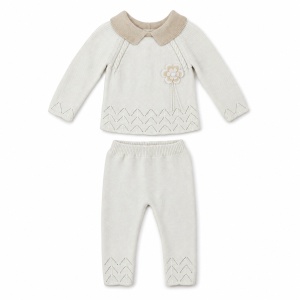 Compleu fetite 2 piese din bumbac 100%, bluza tricotata cu guler si floare, pantaloni, crem - Img 4