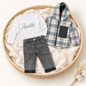 Costum baiat 3 piese bumbac 100% cu hanorac tip camasa in carouri, bluza si blugi, prezentare in decor