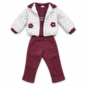 Costum bebe 3 piese bordo cu geaca groasa matlasata, bluza si pantaloni, fotografie de produs pe fundal alb