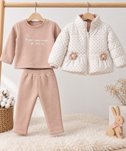 Costum bebe 3 piese din bumbac 100% roz cu geaca captusita si pantaloni