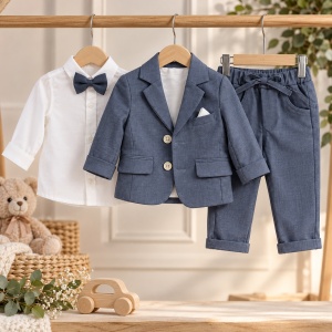 Costum bebe baiat albastru denim 3 piese cu sacou camasa si pantaloni elegant, prezentare in decor