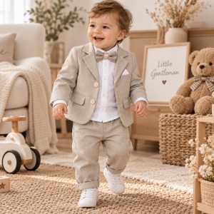 Costum bebe baiat bej nisipiu 3 piese sacou pantaloni camasa alba cu papion