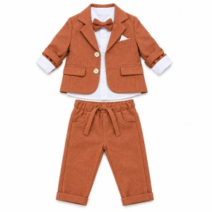 Costum bebe baiat caramiziu 3 piese cu sacou camasa si pantaloni pentru ceremonie, fotografie de produs pe fundal alb