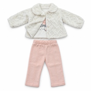 Compleu fetita cu geaca teddy crem, bluza imprimata si pantaloni roz pudrat, fotografie de produs pe fundal alb