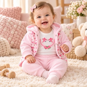 Costum bebe fetita 3 piese, hanorac catifelat, body si pantaloni, roz alb
