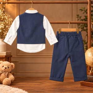 Costum elegant baieti 4 piese din bumbac, camasa alba, vesta si pantaloni bleumarin, papion - Img 4