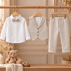 Costum elegant baieti 4 piese din bumbac, camasa alba, vesta si pantaloni bej, papion - Img 3