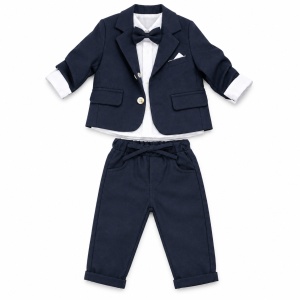 Costum elegant bebe baiat 3 piese bleumarin cu sacou camasa si pantaloni, fotografie de produs pe fundal alb