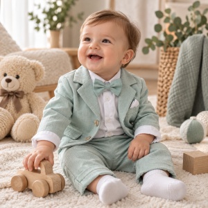 Costum elegant bebe baiat 3 piese verde menta sacou pantaloni body cu papion