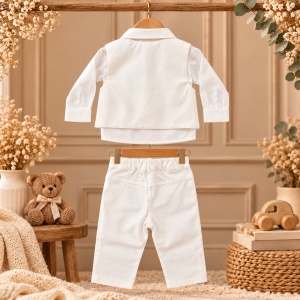 Costum elegant bebe baiat 4 piese din bumbac alb cu vesta si papion - Img 4