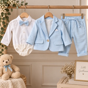 Costum elegant bebe baieti 3 piese bleu cu sacou, pantaloni si body cu papion, prezentare in decor